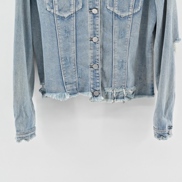 Tractr Womens Jean Jacket Size XL Pink Sequin Tongue Button Rolling Blue Stones - Picture 11 of 13